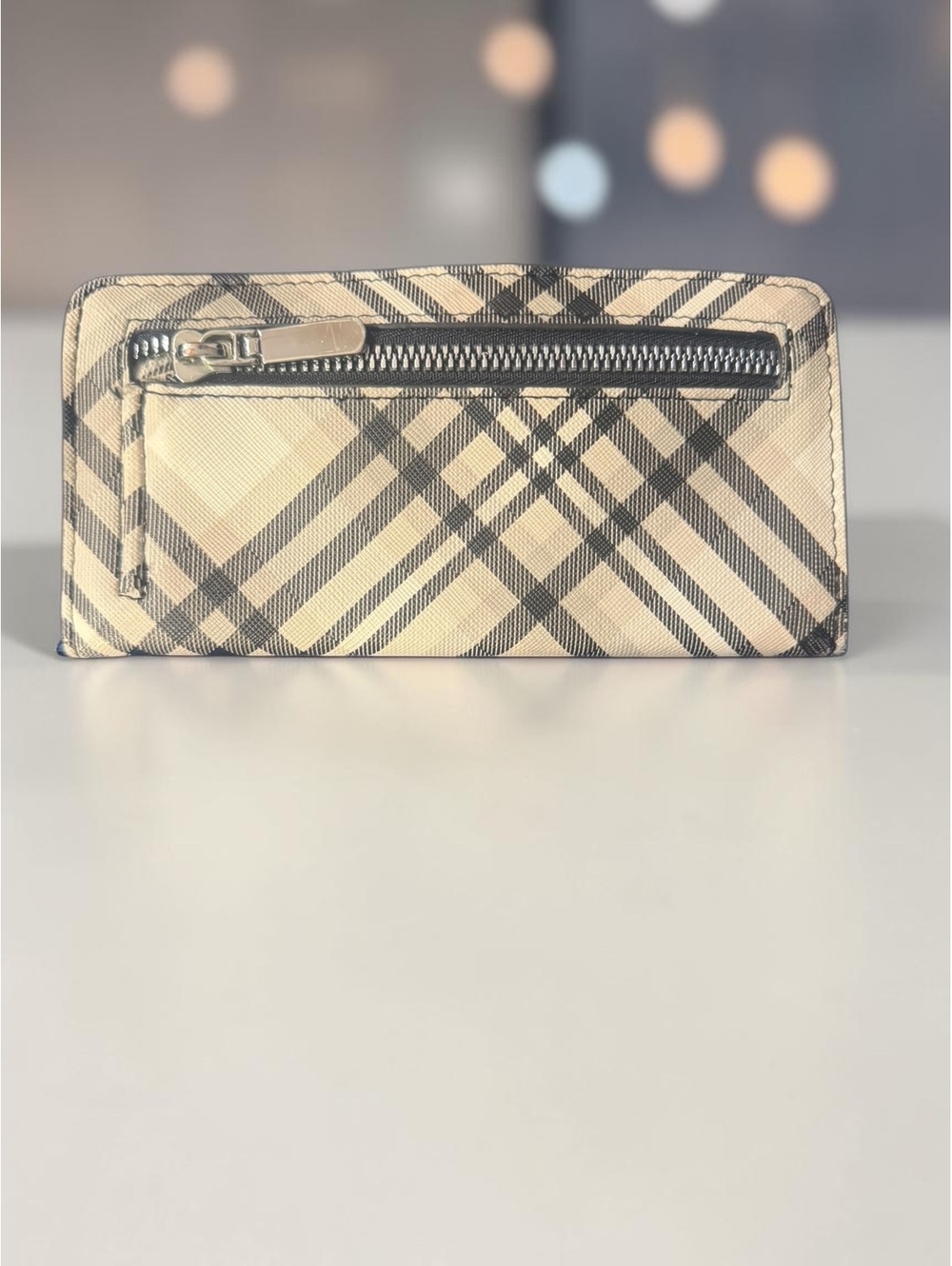 Beige & Black Plaid Continental Wallet with Zip Pocket